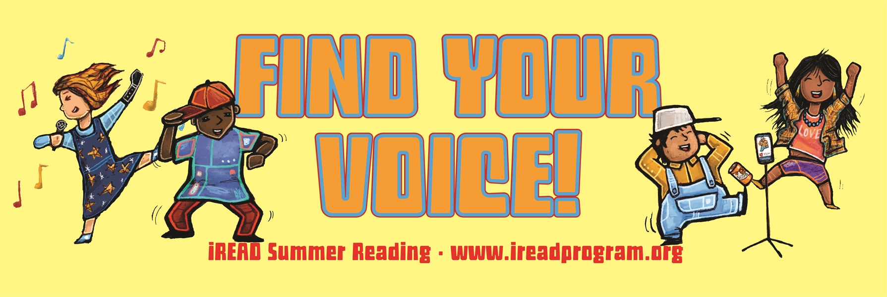 banner for summer reading program 2023 "find your voice!"